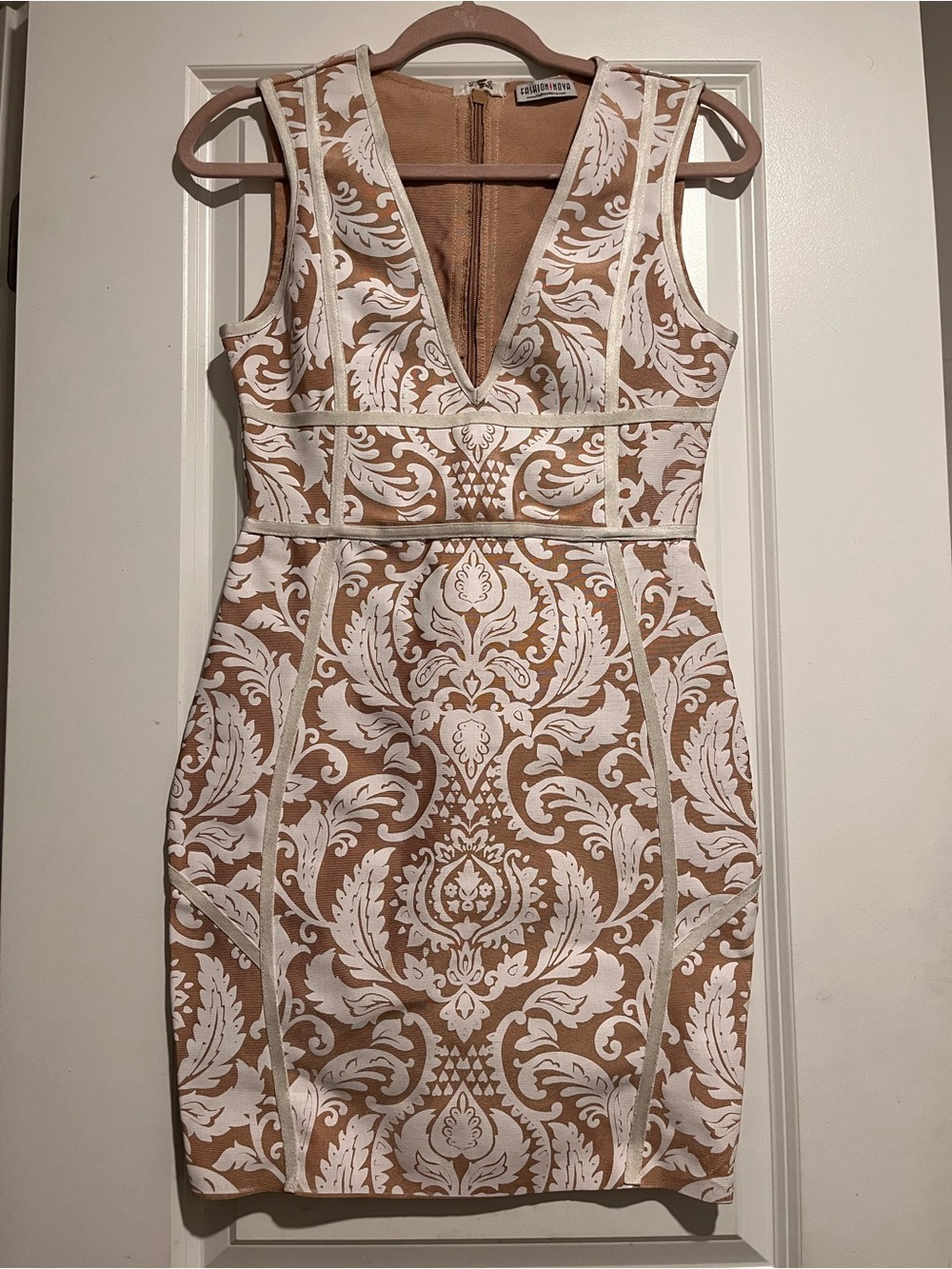 Fashion Nova Beige and White V-Neck Mini Dress